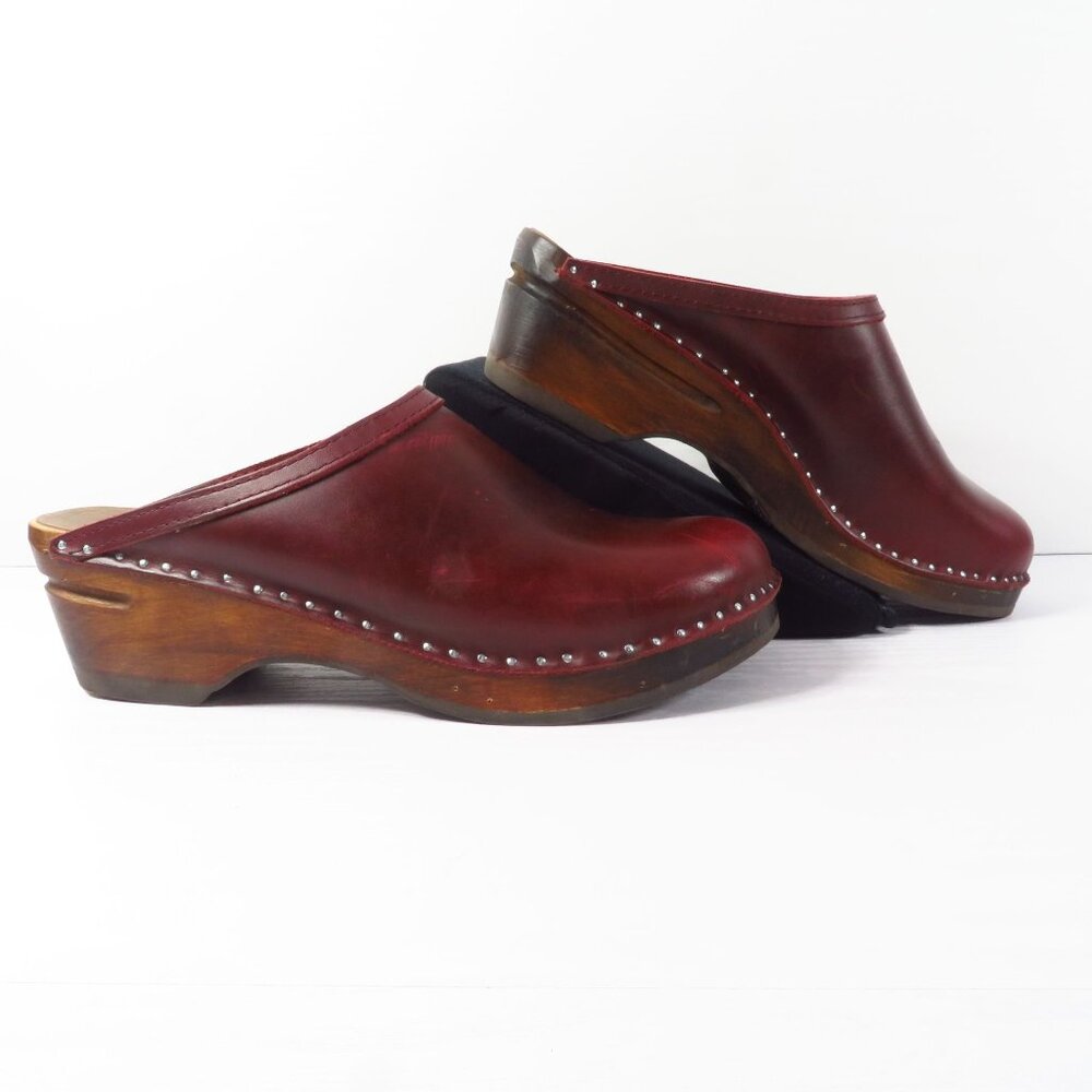 Troentorp Kahlo Wooden Clogs Women’s Size EU 39 US 8.5 Bordeaux Pull Up Leather - Picture 3 of 14